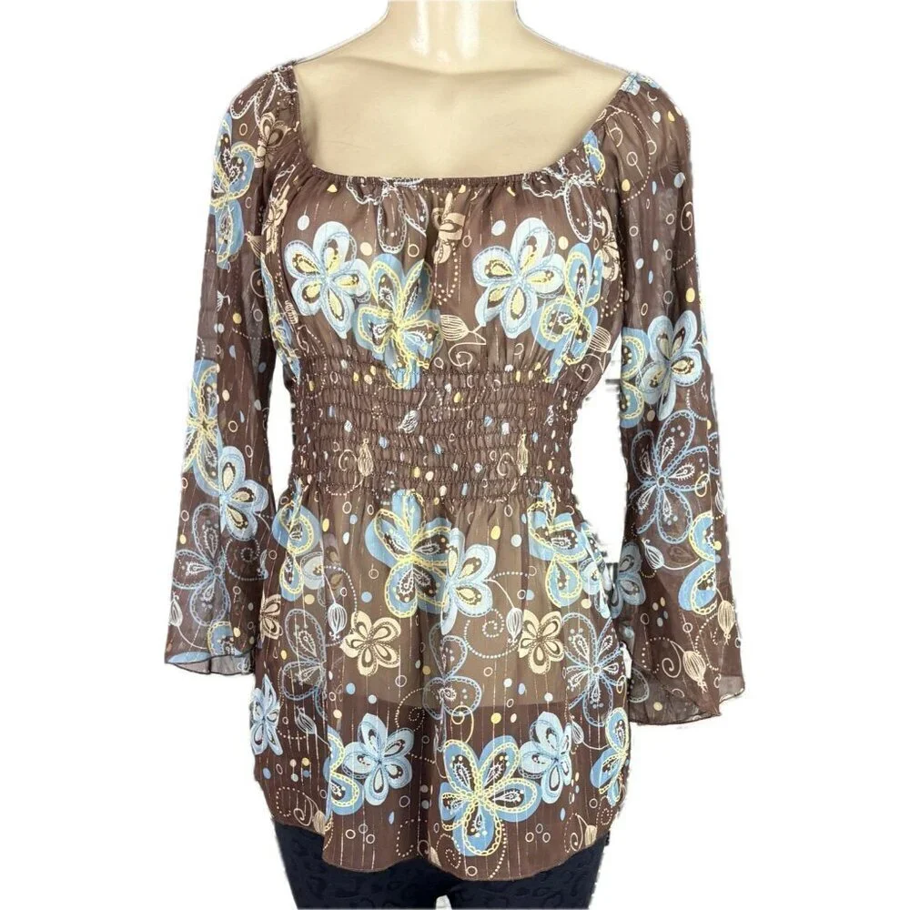 Jordache M Jrs Sheer Brown Floral Shirred Waist 3/4 Sleeve On/Off Shoulder Top - Picture 2 of 6